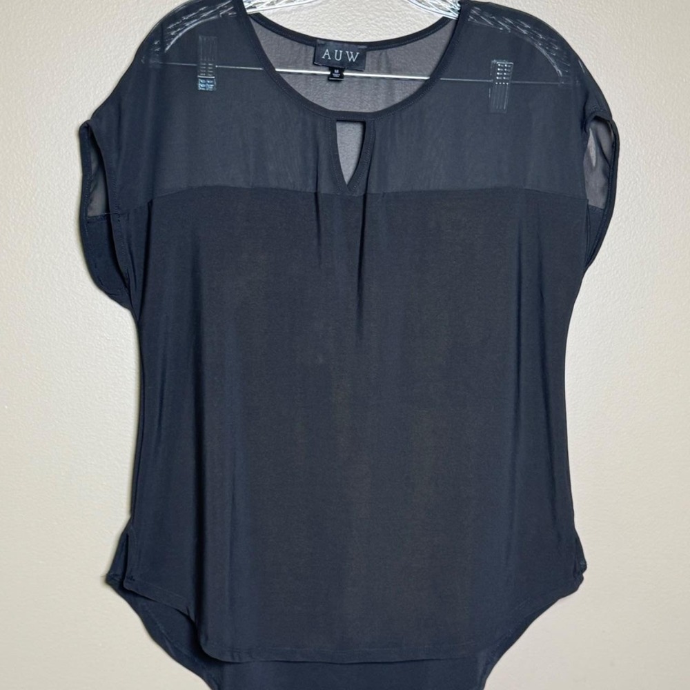 AUW Womens Black Mesh Yoke Keyhole Short Sleeve Blouse Size M